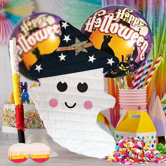 Halloween Ghost with Hat Pinatas, Halloween Theme Party Decorations, Kids Birthday Party supplies, Mexican Fiesta Includes Busterstick, Blinfold, Confetti and 2 Ballons