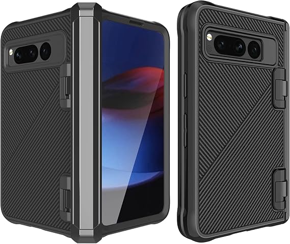 Case for Google Pixel Fold, Non-Slip Twill Pattern Case with Camera Protective, Hinge Protection and Tempered Glass Anti-Fall Case,Black