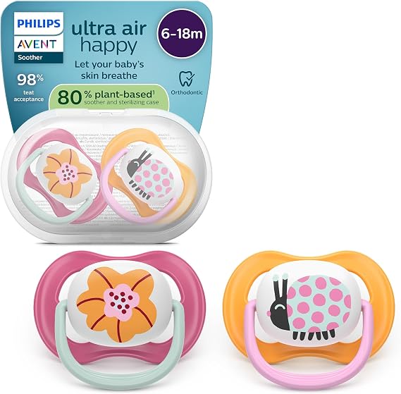 Philips Avent Ultra Air Soothers - Orthodontic Design, for Babies 6-18 Months, Soft Silicone Symmetrical Teat, BPA-Free, with Sterilizing Case, 2 Pack, SCF080/27