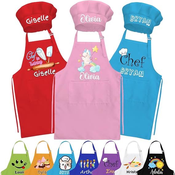 Personalized Kids Aprons Custom with Name for Girls Boys, Customized Toddler Apron & Chef Hat Set for Cooking, Baking, Painting