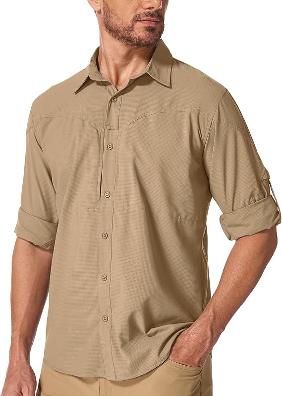 Men's Safari Shirts Sun Protection Long Sleeve UPF 50 UV Quick Dry Travel Hiking Fishing Shirts with Zipper