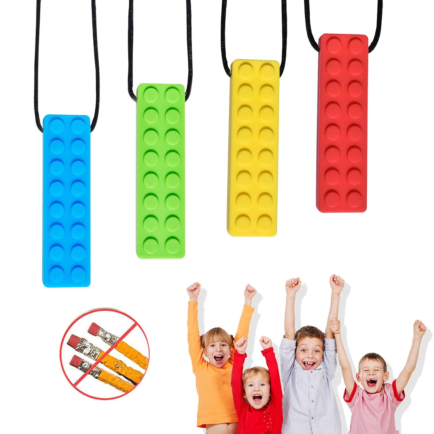 Chew Necklace, Autism Chew Necklace 4PCS, Sensory Necklace Set, Chew Necklaces for Sensory Kids, for Biting Needs, Autistic, ADHD, Oral Motor 100% Food Grade Silicone, for Boys and Girls