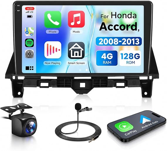Podofo 4G+128G for Honda Accord 2008-2013 Android 15 Car Stereo with Wireless Carplay/Android Auto, 10.1 Inch in-Cell TouchScreen Bluetooth Car Radio Support 5Ghz-WiFi GPS USB FM/RDS SWC Backup Camera