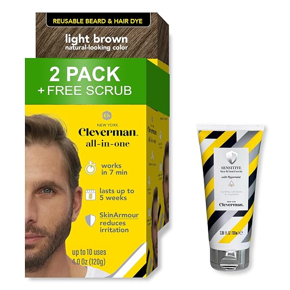Cleverman 2 Pack Reusable Hair & Beard Dye for Men Light Brown + 1 Free Sensitive Face & Beard Scrub