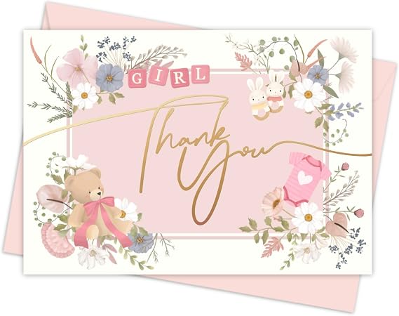 Honeyplum Baby Shower Thank You Cards For Girl With Gold Foil Text - Bulk Set of 48 Cards With Matching Pink Envelopes - 3.5 x 5 Inches
