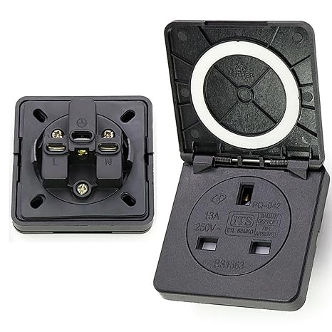 Outdoor Socket, Heavy Duty 3pin Plug Industrial Socket | 1Pc 13A IP44 Black Wall Electrical Outlets With Cover, Socket for RV Boat Balcony Garden