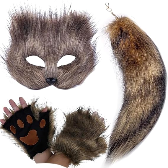 Furry Therian Mask and Tail for Kids,Animal Fox Mask Wolf Tail Paws Set,Over 1 Years Old