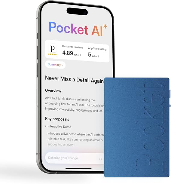 Pocket AI Voice Recorder, Auto Transcription, AI Note Taker, Sierra Blue | Recording Device, Action Items, Mind Maps, Ask Pocket, 4-Day Battery, MagSafe, iOS & Android