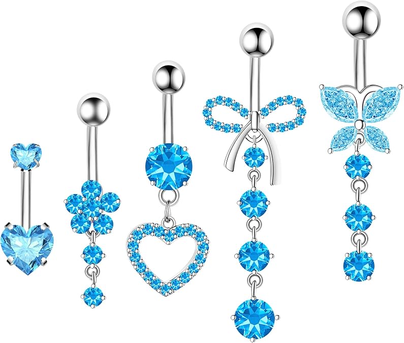 BSJ4U Belly Ring Dangle Belly Button Ring Jewelry Cute Pink Cubic Zirconia Heart Butterfly Bow Flower Belly Button Piercing for Women 14g Silver Stainless Steel Petite