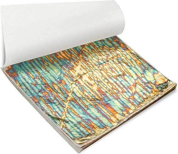 Sekonow Variegated Gold Leaf Sheets 50pcs, Colorful Imitation Gold Foil Sheets Paper Booklet for Art Craft Painting Gilding Decoration, 5.5" x 5.5", Stripe