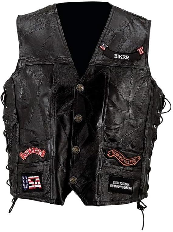 Diamond Plate Genuine Leather Motorcycle Vest w/14 Patches