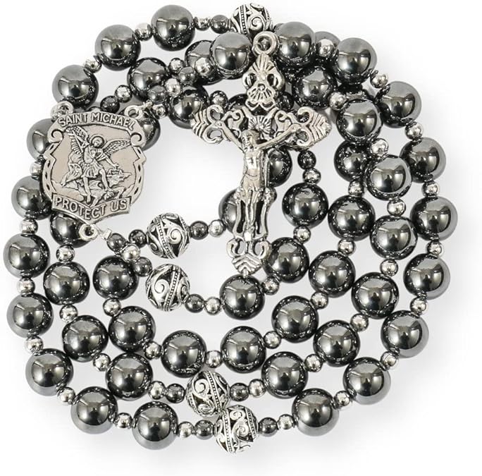 Nazareth Store Saint Michael Rosary Black 10mm Hematite Beads Prayer Necklace Metal Mystery Beaded Men Rosary with Silver Crucifix