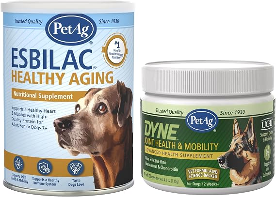PetAg Esbilac Healthy Aging (14 oz) + Dyne Soft Chews, Joint Health & Mobility Supplement (45 Chicken Liver Flavor Chews)