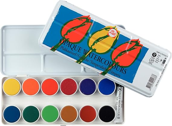 Talens Opaque Watercolors, Metal Tin, Set of 12 Round Pans