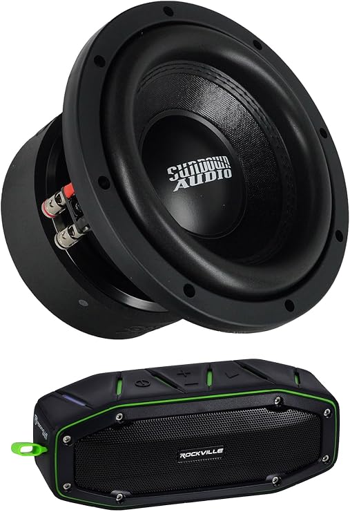 Sundown Audio E-8 V.6 D2 Bundle: 8 in 400-Watt RMS 800-Watt Peak Dual 2 Ohm Car Subwoofer, RPB27 V2 20-Watt Waterproof Bluetooth Portable Audio with TWS, 2-Items