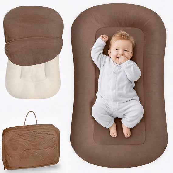 Infant Support Cushion - Baby Support Cushion for Newborn, 0-24 Months, Breathable Cotton Tummy Time Mat, Supervised Use, Portable Newborn Essentials for Home and Travel, Brown (Cover Included)