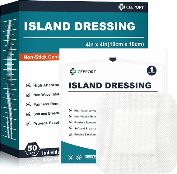 Ceeport Island Dressing Bordered Gauze 4"x4", 50 Individually Packed Non-Stick Central Pad with Adhesive Border, Soft & Highly Absorbent Medical Grade Dressing Gauze Pad for Wound Care and First Aid