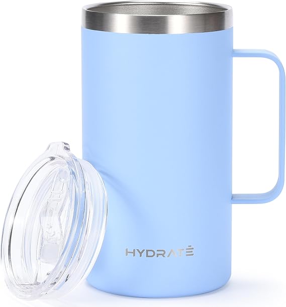 HYDRATE Handle Cup 24oz Pastel Light Blue Coffee Cup, Stainless Steel Reusable Travel Cup, BPA Free and Toxin Free Vacuum Insulated Camping Thermal Powder Coated Cup with Lid