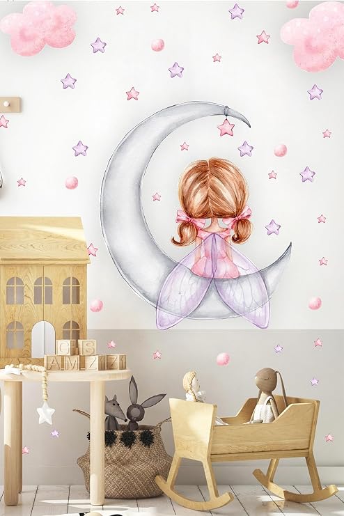 MSticker-Ayda Oturan Sevimli Kız Çocuk Odası Duvar Sticker Seti Yıldız Ve Puantiyeli