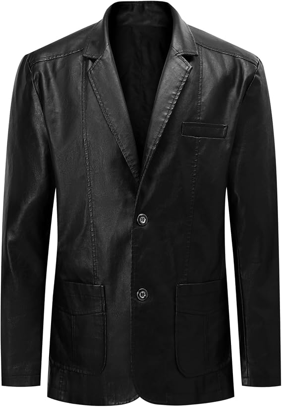 Cloudstyle Men's Leather Jacket Coat Notched Collar Vintage Casual Blazer
