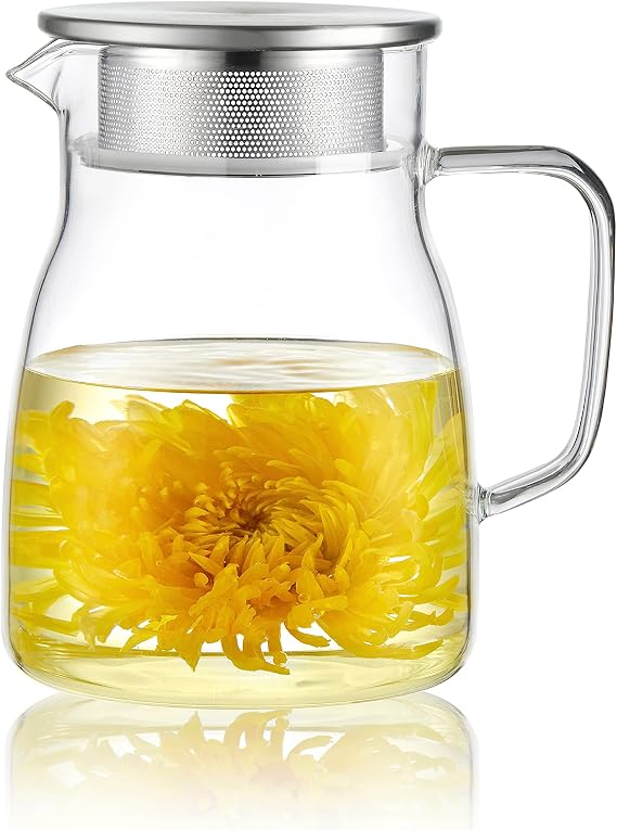 CNGLASS One-Touch Glass Teapot 27oz(800ml), Glass Tea Kettle with Stainless Steel Filter Lid, Stovetop Safe Loose Leaf Tea Maker