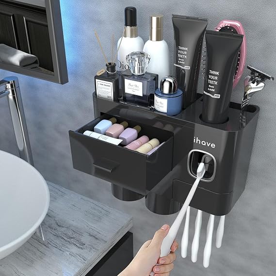 iHave Toothbrush Holders Wall Mounted with Toothpaste Dispenser & 2 Cups