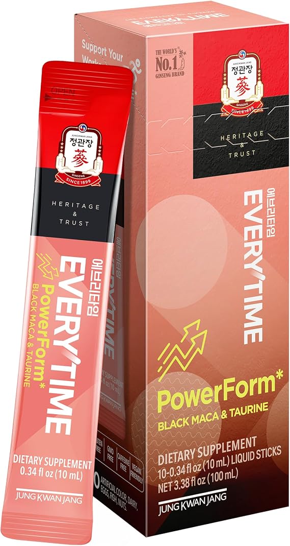JUNG KWAN JANG Everytime PowerForm - Intra Workout Herbal Energy Drink Packets with Korean Red Ginseng, Black Maca Root & Taurine - Non GMO (0.33 fl oz, 10 Sticks)