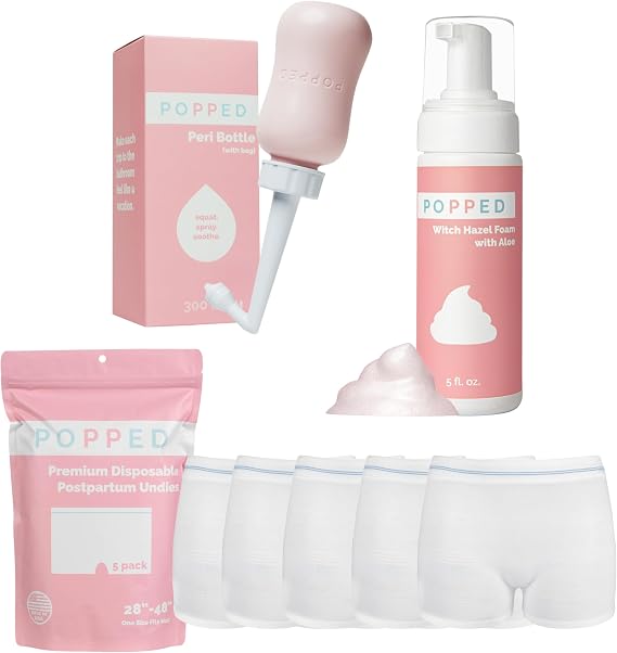 Popped Peri Bottle, Witch Hazel Foam, and Disposable Underwear (5 Pack) | Postpartum Essentials Bundle