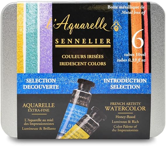 Sennelier French Artists' Watercolor Set, 10ml Tubes, 6-Color Iridescent Introduction Tin Set