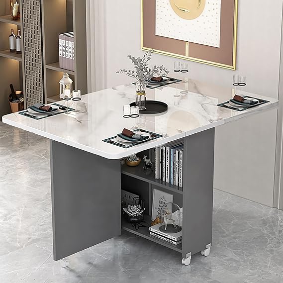 Kitchen Folding Dining Table, Modern Drop Leaf Dining Table Expandable Kitchen Table with 6 Wheels, Foldable Extendable Space Saving Table with 2 Tier Storage, Ideal for Restaurant, Kitchen, Bedroom (