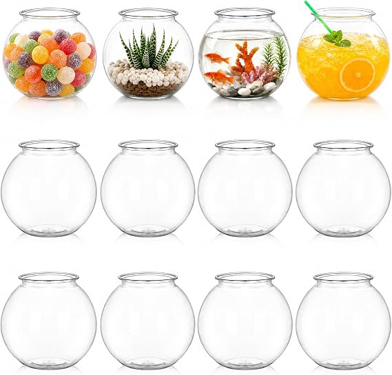 Okllen 12 Pack Plastic Ivy Bowls, 16 Oz Round Fish Bowl Unbreakable Vases Bowls for Home Decor, Carnival Games, Candy, Party Favors, Centerpiece, BPA Free, Clear