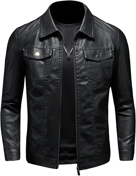 Men's Vintage Faux Leather Jacket Zip Up Long Sleeve Motorcycle Coat PU Lapel Lightweight Slim Fit Jackets