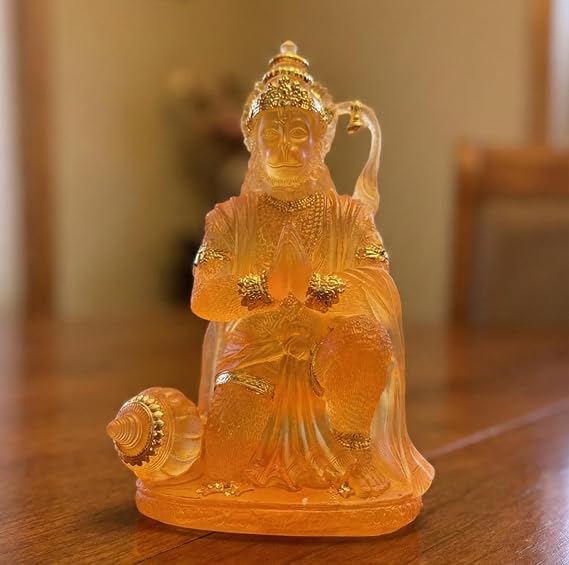 Hanuman Idol with Gada Crystal Look Statue | Bajrangbali Sankat Mochan Figurine for Home Pooja Mandir | Table Top Desktop Decor | Diwali Gift Showpiece (Orange)