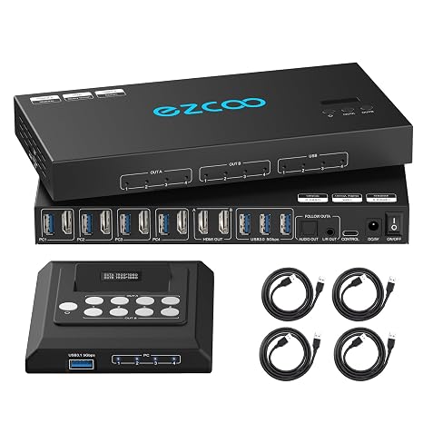 4K@60Hz HDMI 2.0 KVM Switch 4x1 for 4PC Share 2 Displays and 4 USB 3.0 Ports SPDIF L/R Audio,Copy/Extended Mod compatibile with Windows, Unix and Mac OS X