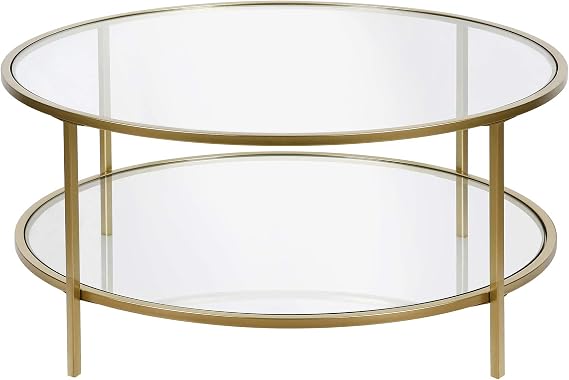 Henn&Hart 36" Wide Round Coffee Table with Glass Top in Brass, Round Coffee Table for living room, studio apartment essentials