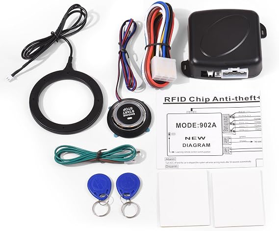 Car Alarm System, One Click Start System Push to Start Ignition One Click Stop Button Kit Keyless Start System for Most DC 12V Cars, Black