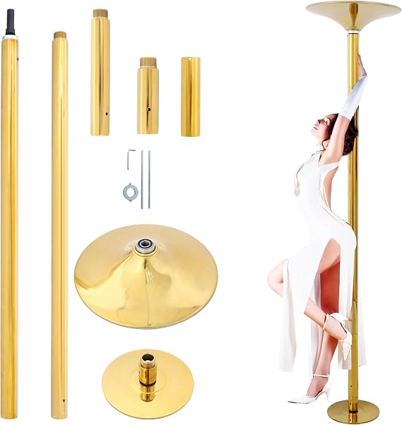 86.2-109.8" Adjustable Gold Spinning Static Dance Pole - Portable Removable & Tool-Free Assembly, Solid Steel & Rubber Padding, Steel Stripper Pole for Home, Club, Gym, 440lbs Capacity