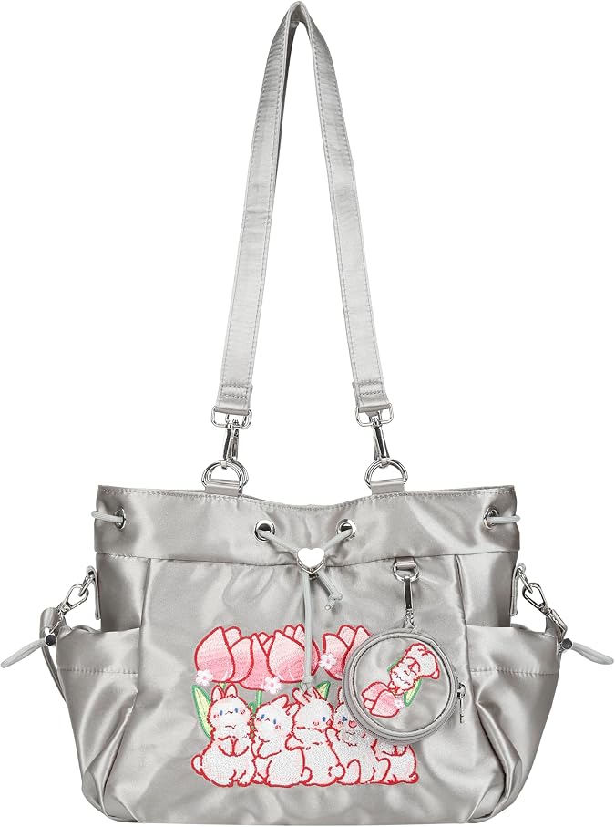 Women's Satin Hobo Handbag Bunny Embroidery Tote Bag Shoulder Bag Crossbody Handbag Casual