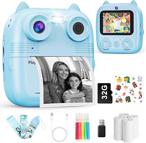 Kids Camera Instant Print, 1080FHD 48mp Dual Lends Instant Camera for Kids with 2.4'' High-definition IPS Screen, 4 Rolls Print Paper 32G Card Kids Digital Camera Toys Gift for Girls Boys Aged 3-12