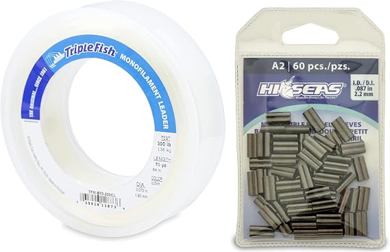 Triple Fish Fishing Bundle: 300 lb Monofilament Leader (70 yd), 60 HI-SEAS Mini Double Barrel Copper Sleeves (2.2 mm ID), Black
