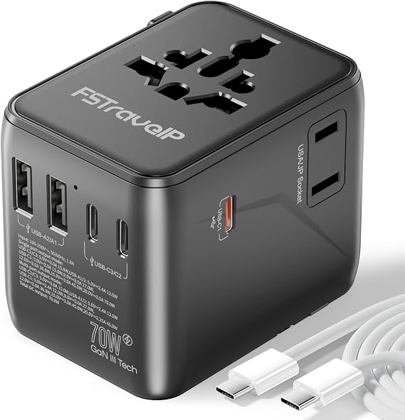 Universal Travel Adapter 70W Fast Charge, Travel Plug Adapter Worldwide with 5 USB Ports (2 USB C), Universal Plug Adaptor UK to World, Dual10A Fuses Travel Adapter Wall Charger for (Type A, C, G, I)