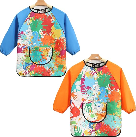 2-Pack Kids Doodle Art Smocks, Waterproof Painting Aprons for Children, Long Sleeves with Large Pockets, Suitable for Ages 3-8