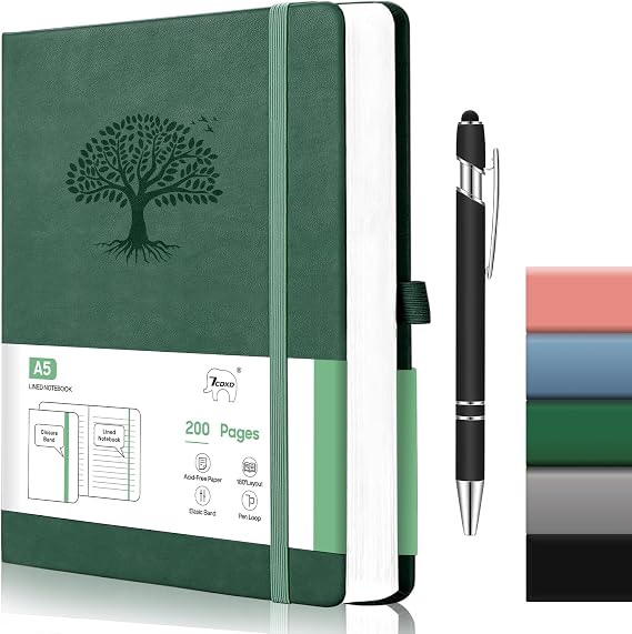 A5 Notebook with Hardcover Lining, 200 Pages Classic Notebook 21.5 x 15 cm, Suitable for Men and Women, Leather Journal for Writing, Office, School, Business (Green)