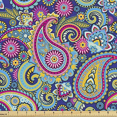 Ambesonne Paisley Fabric by The Yard, Ornate Traditional Paisley Elements with Details in Bohemian Design Print, Decorative Fabric for Upholstery and Home Accents, Pink Blue