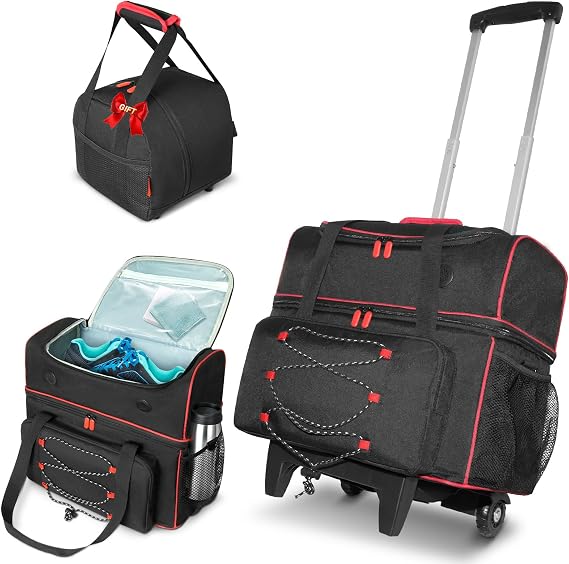 LIWSHWZ 3 Ball Bowling Bag with Wheels,1 Ball Tote+2 Ball Bowling Bag with Shoe Compartmen,600 x 300D Water-Resistant Oxford & Multiple Pockets,Easy Rolling, for League & Casual Bowlers