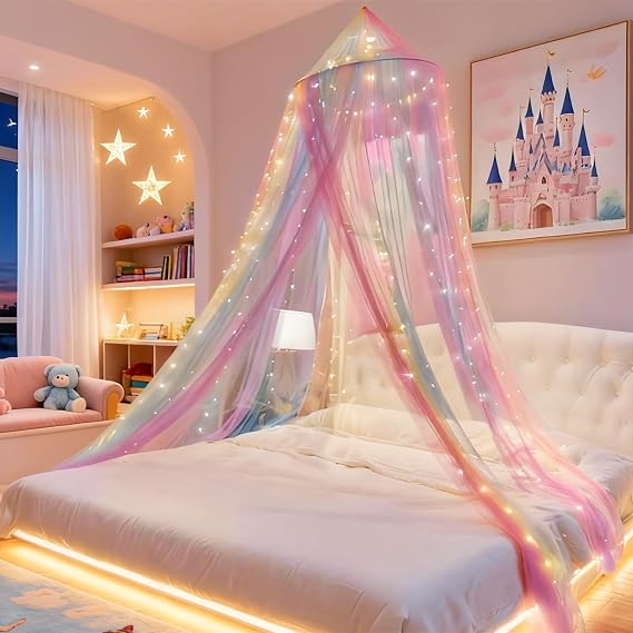 Princess Rainbow Bed Canopy with 250pcs Warm White Curtain Lights, Bed Canopy for Girls Room Decor or Unicorn Theme Party