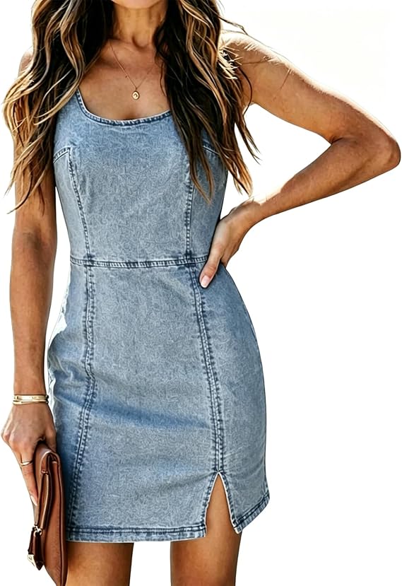 Womens Denim Dress Sexy Sleeveless Split Bodycon Mini Tube Jeans Short Dresses