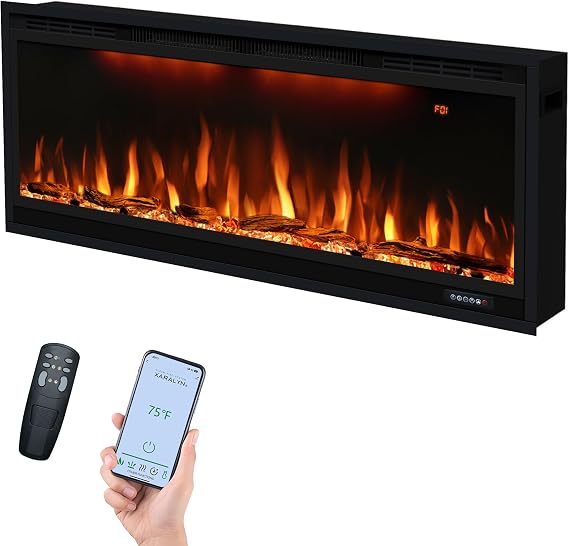 42 inch Smart Electric Fireplace WiFi-Enabled, Recessed &Wall Mounted Fireplace Inserts, Multicolor Flame w/Realistic Log &Crystals, Thermostat& Overheating Protection,Timer, 750W/1500W, Black