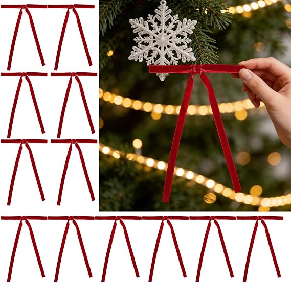 THARAHT 24pcs Christmas Velvet Ribbon Bows for Christmas Tree Gift Wrapping Wreath Home Front Door Fireplace Holiday Party Decorations (3/8'' Width, 5 * 7 inch)