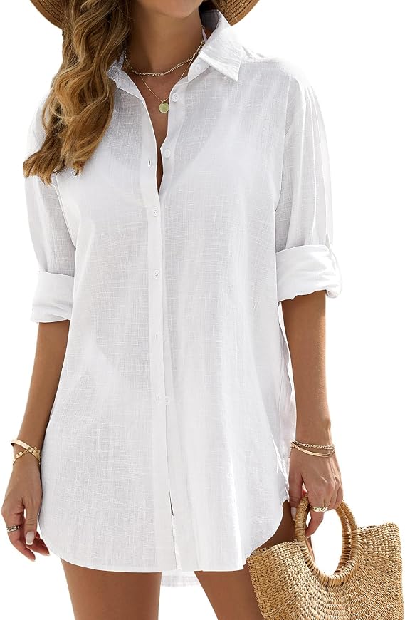 UMIPUBO Swimsuit Coverup for Women Bathing Suit Cover Ups V Neck Button Down Beach Shirt Dress Bikini Swimwear Cover up